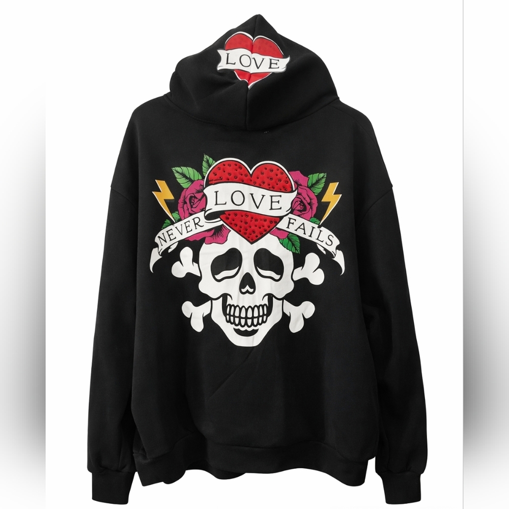 New Ruby & Lace “Love Never Fails” Skull Hoodie – Gothic Streetwear Zip-Up | NWT